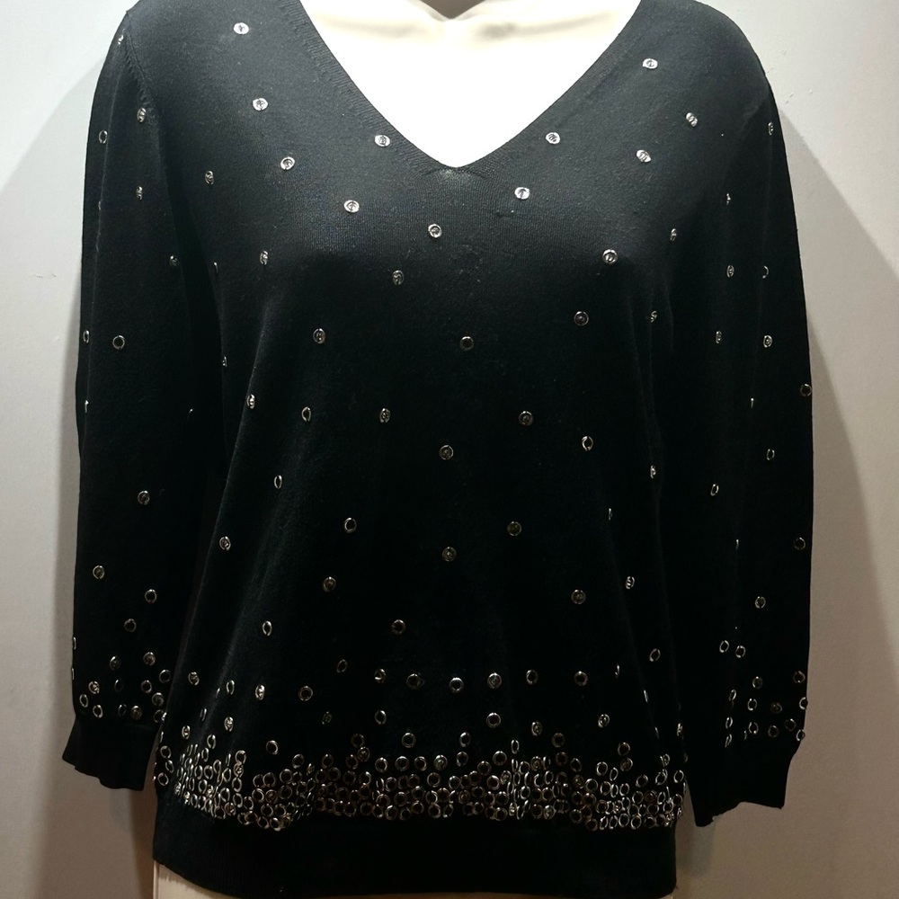 Carlisle Black V-Neck Sweater Silk Blend Silver Metallic and Crystal Accents
